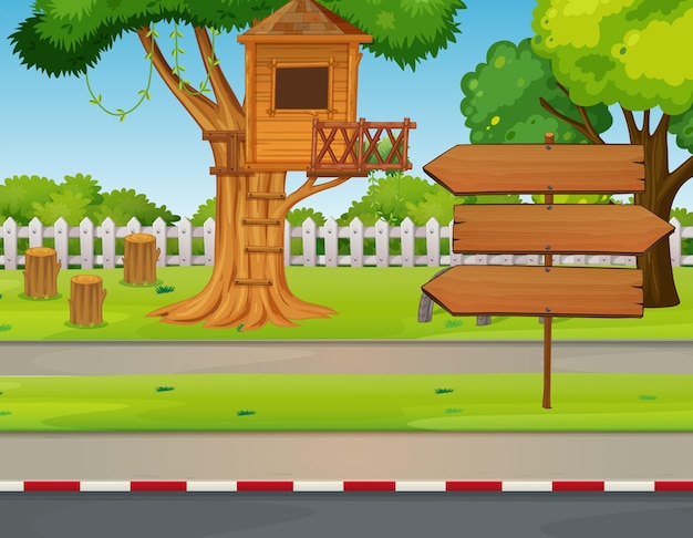 Treehouse and signs in the park