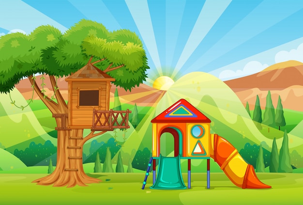 Free vector treehouse and slides in the park