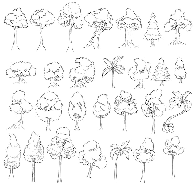Free vector trees doodle line art collection lineart trees isolated clipart