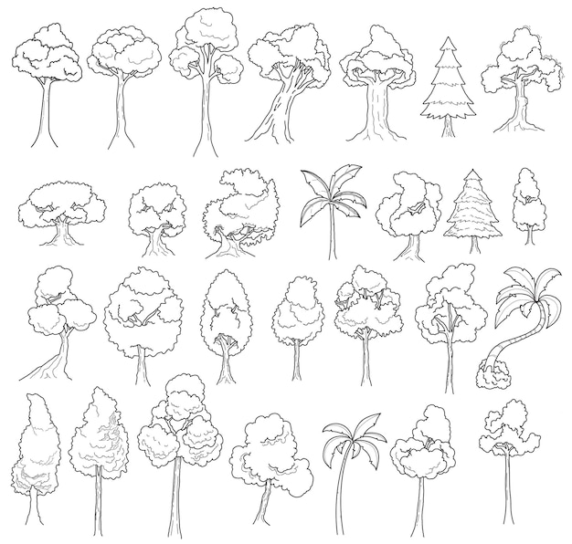 Vettore gratuito gli alberi scarabocchiano la linea arte collezione lineart alberi clipart isolati