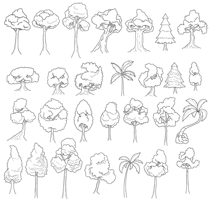 Free Vector trees doodle line art collection lineart trees isolated clipart