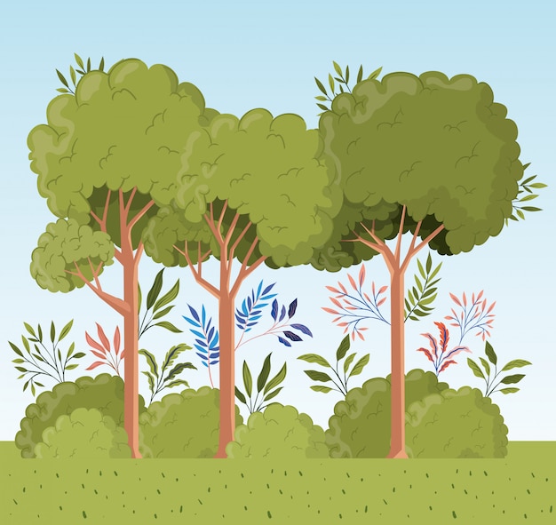 Free vector trees and leafs with bush landscape scene