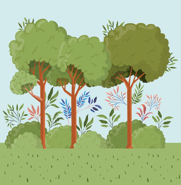 Vettore gratuito alberi e foglie con scena di paesaggio di bush
