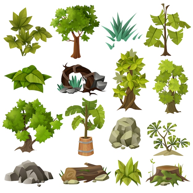 無料ベクター 木植物風景ガーデニング要素コレクション