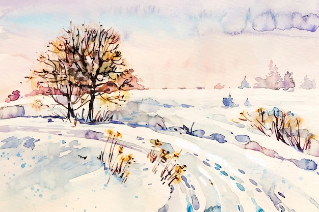 木と雪道の風景