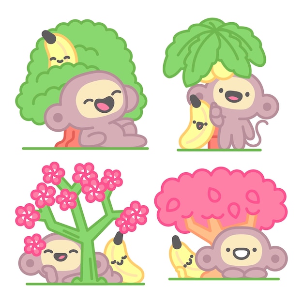 Free vector in the trees stickers collection with monkey and banana