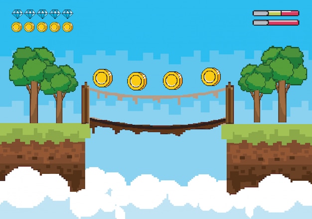 Free vector trees with coins in the suspension bridge and life bars