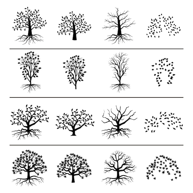 Vettore gratuito alberi con radici, fogliame e foglie cadute isolati su sfondo bianco. silhouette di albero e foglia illustrazione monocromatica