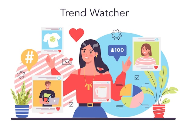 Trend watcher concept Specialist in tracking the emergence of new business trends Trend analysis and project promotion Vector illustration in flat style