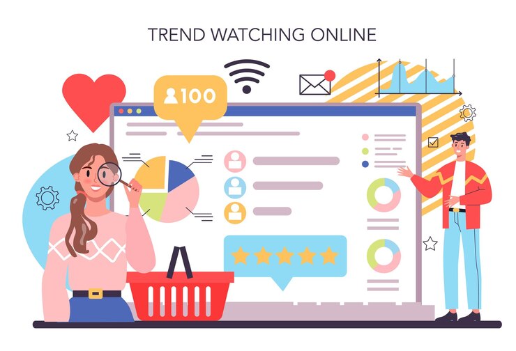 Free Vector trend watcher online service or platform specialist in tracking the emergence of new business trends online trend watching vector flat illustration