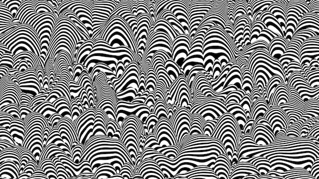 Trendy 3D black and white stripes distorted backdrop Abstract noise landscape Procedural ripple background with optical illusion effect