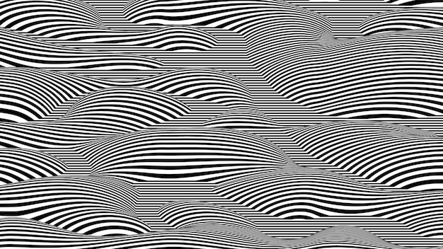 Модные 3D черно-белые полосы на искаженном фоне Абстрактный шумовой пейзаж Процедурный волнистый фон с эффектом оптической иллюзии