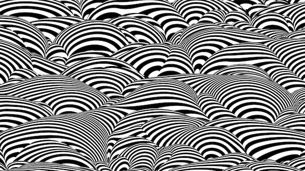 Trendy 3d black and white stripes distorted backdrop abstract noise landscape procedural ripple background with optical illusion effect