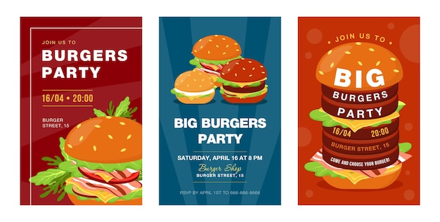 Модные большие дизайны приглашений на вечеринку с гамбургерами. Креативные приглашения на фестиваль быстрого питания с вкусной нездоровой пищей. Иллюстрации шаржа