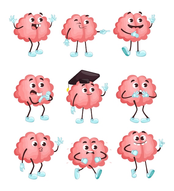 Free vector trendy cute brain in different poses flat illustration set.