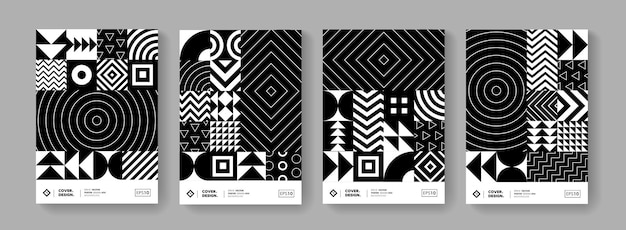 トレンディな最小限の幾何学模様のベクトルのデザイン。形の要素が設定されたモダンなポスター。黒と白の流行に敏感な背景。