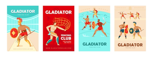 Trendy poster designs with Coliseum gladiators. Vivid brochures with ancient warriors with swords and shields. Fencing club, hobby concept