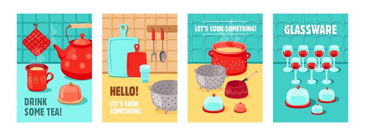 Free Vector trendy poster designs with various kitchen tools. vivid brochures with kettle, pot, cups, glassware. cooking, kitchen tools concept
