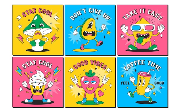 Free vector trendy psychedelic square posters with funny characters