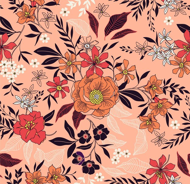 小さなピンクの花のかわいい花柄 シームレスなテクスチャ 淡い灰色の背景 プレミアムベクター