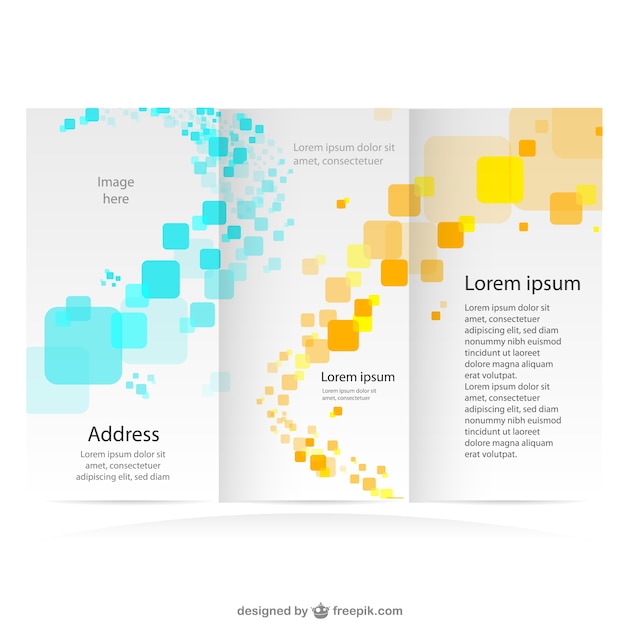 Tri-fold brochure with yellow and blue squares