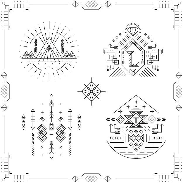 Бесплатное векторное изображение Винтажные битник кадров племенных линий. бордюрный орнамент, элемент художественного стиля.
