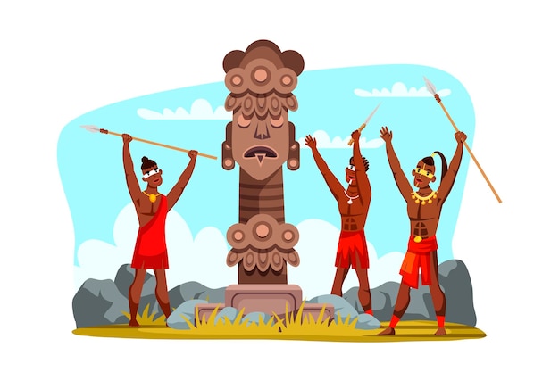Персонажи племени воинов в традиционной одежде, держащие в руках копье, молящиеся языческому богу статуя религиозного идола