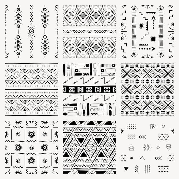 Tribal pattern background, black and white seamless geometric design, vector set