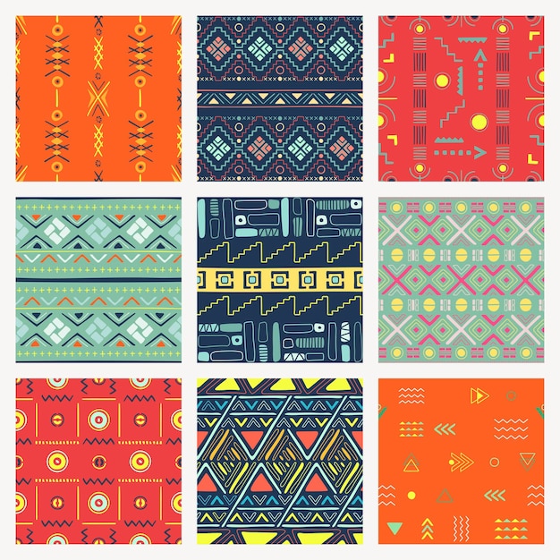 부족 패턴 배경, 다채로운 원활한 아즈텍 디자인, 벡터 세트