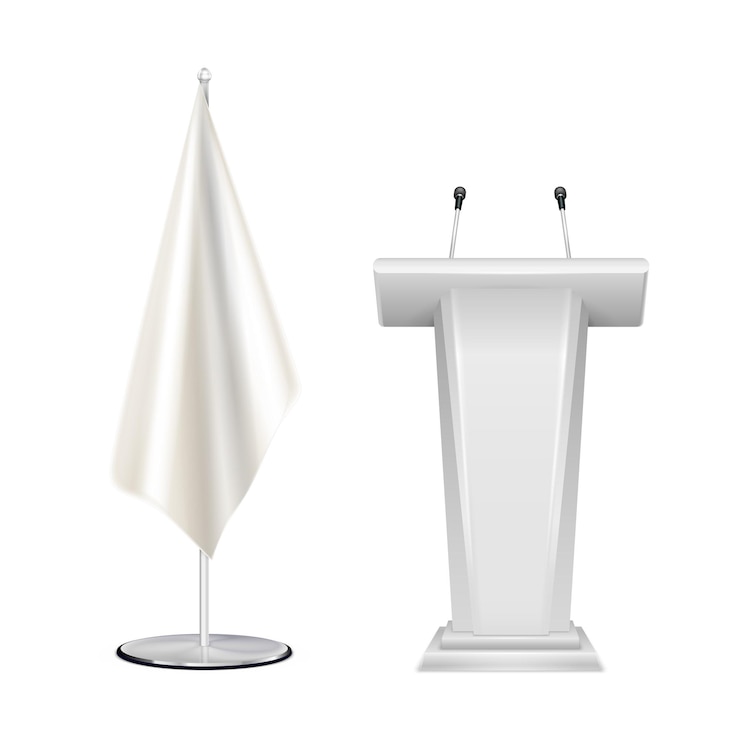 Free Vector tribune rostrum speech stand with 2 microphones and flag realistic blank white closeup composition isolated vector illustration