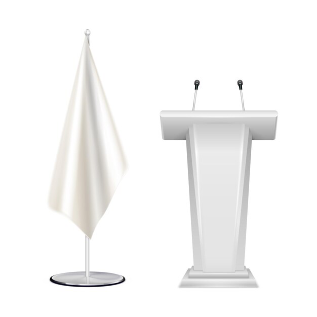 Tribune rostrum speech stand with 2 microphones and flag realistic blank white closeup composition isolated vector illustration