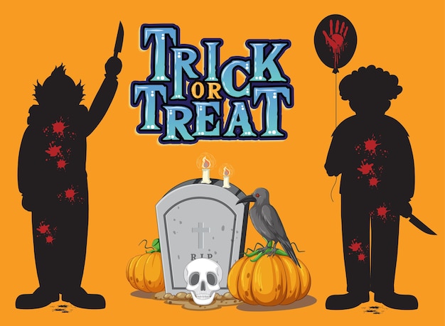 무료 벡터 소름 끼치는 광대 실루엣이 있는 trick or treat 텍스트 로고