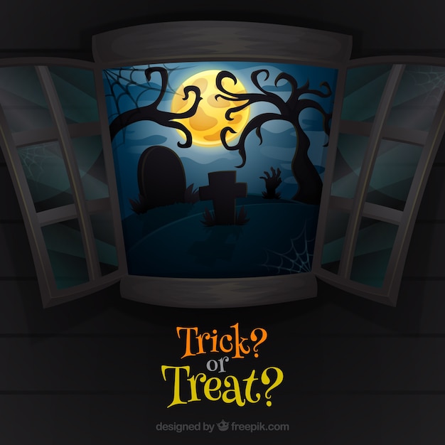 Free vector trick or treat background with open window