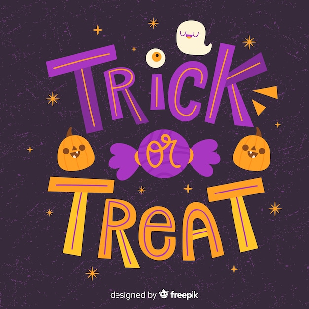 Free vector trick or treat calligraphy pumpkin and candy