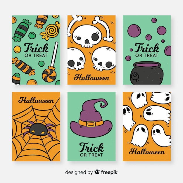 Free vector trick or treat halloween card collection in flat design