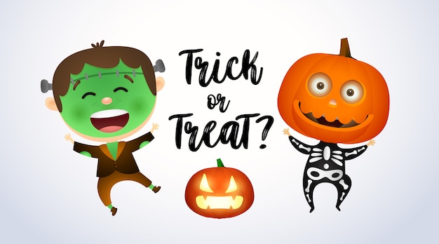 Free vector trick or treat, kids in zombie and pumpkin costumes