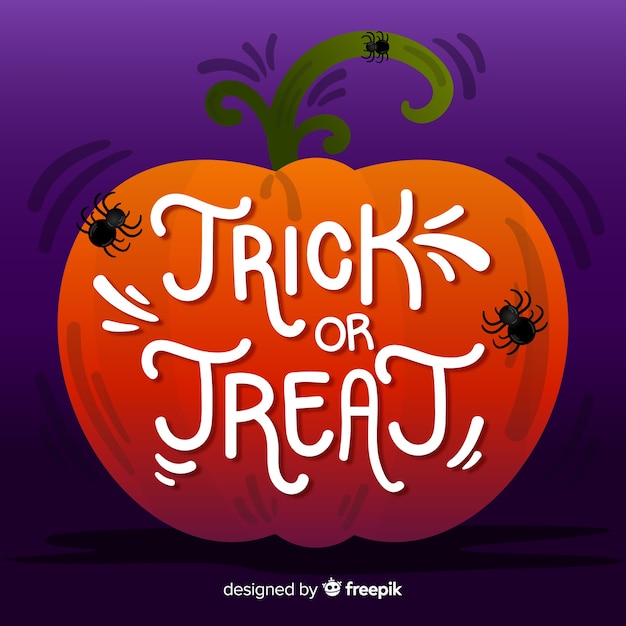 Free vector trick or treat lettering in a pumpkin with spiders