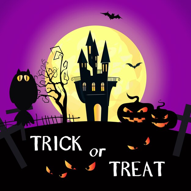 Trick or Treat lettering with full moon, castle and pumpkins