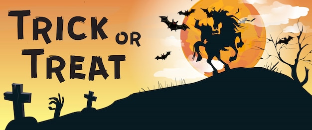 Trick or Treat lettering with Headless Horseman and graveyard