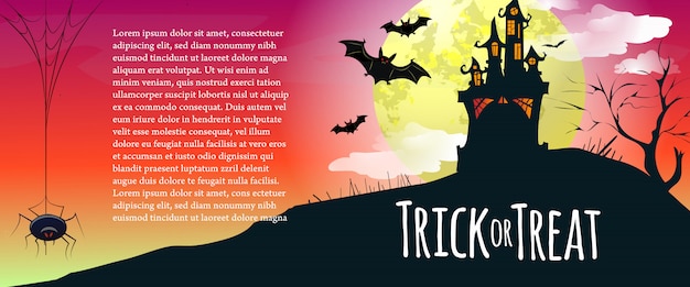 Trick or treat lettering with sample text, castle and spider