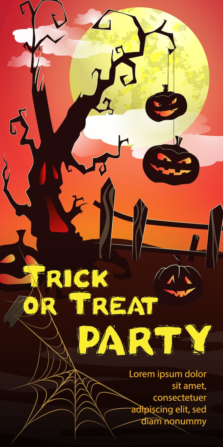 Free Vector trick or treat party lettering. pumpkins hanging on tree, cobweb