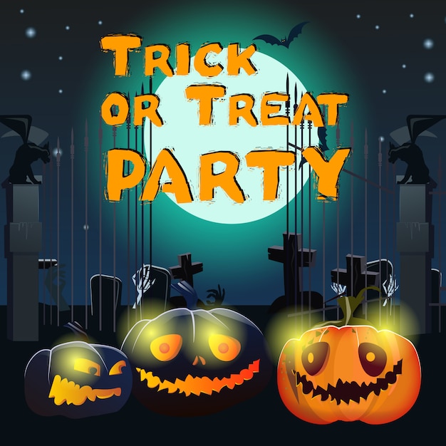Trick or Treat Party lettering with pumpkins and graveyard