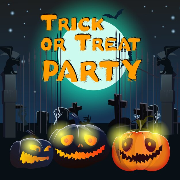 Trick or Treat Party lettering with pumpkins and graveyard