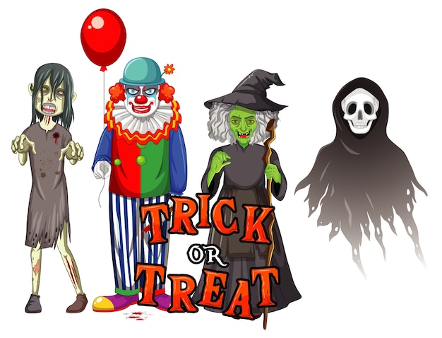 Trick or treat text design with halloween ghost characters