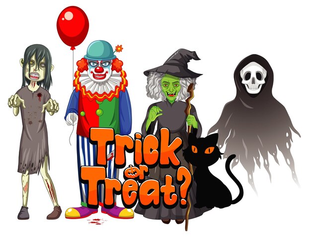 Trick or Treat text design with Halloween ghost characters
