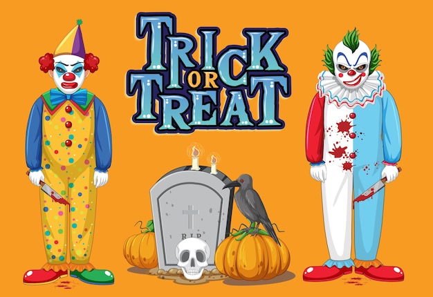 Trick or treat text logo with creepy clowns