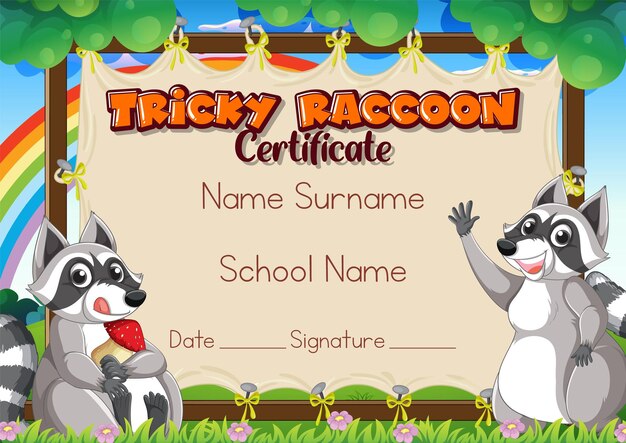 Free vector tricky raccoon certificate template