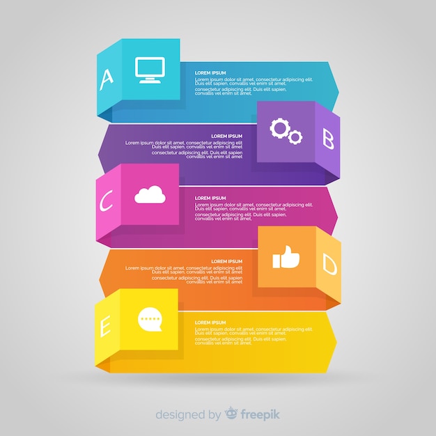 Tridimensional colorful numbered step infographic