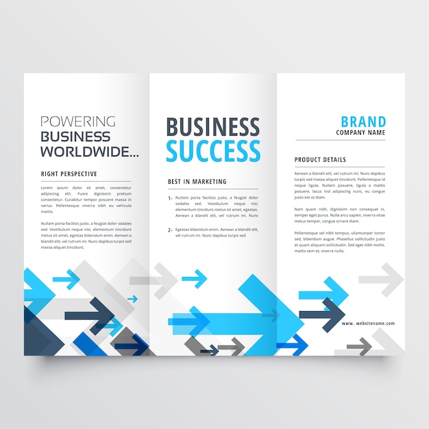 Trifold business flyer design with blue arrows