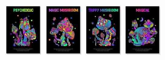 Free vector trippy mushroom set of four vertical posters with gradient colored text and psychedelic drawing artwork compositions vector illustration